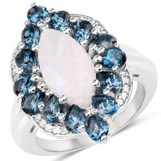 4.68 CTW Genuine White Rainbow Moonstone London Blue Topaz & White Topaz .925 Sterling Silver Ring