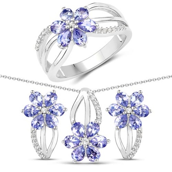 3.62 CTW Genuine Tanzanite and White Topaz .925 Sterling Silver 3 Piece Jewelry Set (Ring Earrings a