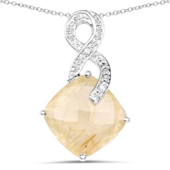 8.81 CTW Genuine Golden Rutile and White Diamond .925 Sterling Silver Pendant