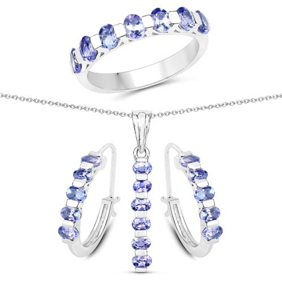 3.91 CTW Genuine Tanzanite .925 Sterling Silver 3 Piece Jewelry Set (Ring Earrings and Pendant w/ Ch
