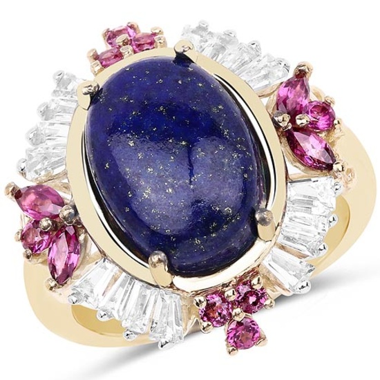 14K Yellow Gold Plated 6.72 CTW Genuine Lapis Rhodolite & White Topaz .925 Sterling Silver Ring