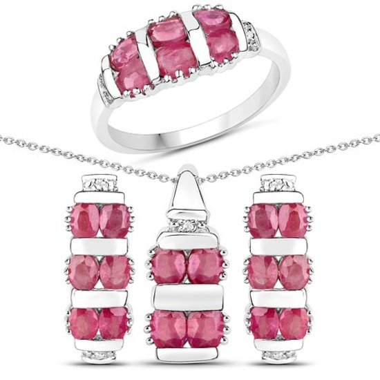 4.88 CTW Genuine Ruby and White Topaz .925 Sterling Silver 3 Piece Jewelry Set (Ring Earrings and Pe