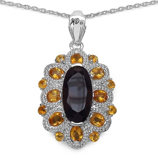 6.40 CTW Genuine Smoky Quartz Citrine & White Diamond .925 Sterling Silver Pendant