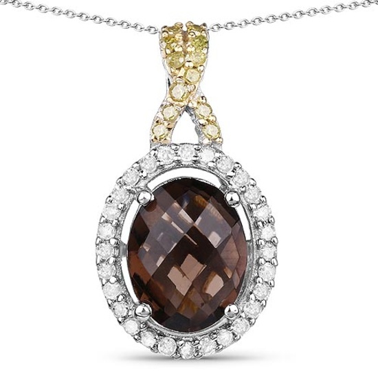 1.79 CTW Genuine Smoky Quartz Yellow Diamond & White Diamond .925 Sterling Silver Pendant
