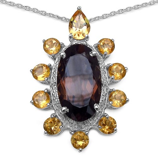 13.34 CTW Genuine Smoky Quartz Citrine & White Topaz .925 Sterling Silver Pendant