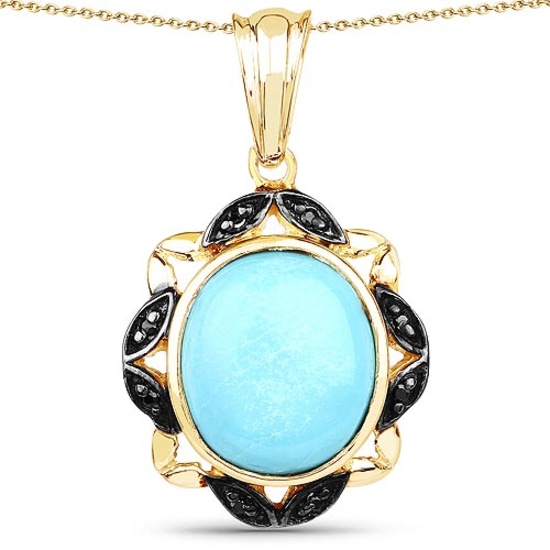 14K Yellow Gold Plated 7.33 CTW Genuine Turquoise and Black Spinel .925 Sterling Silver Pendant