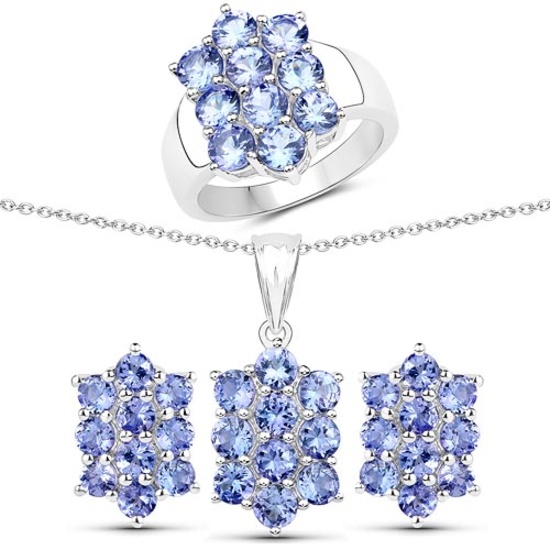 6.60 CTW Genuine Tanzanite .925 Sterling Silver 3 Piece Jewelry Set (Ring Earrings and Pendant w/ Ch