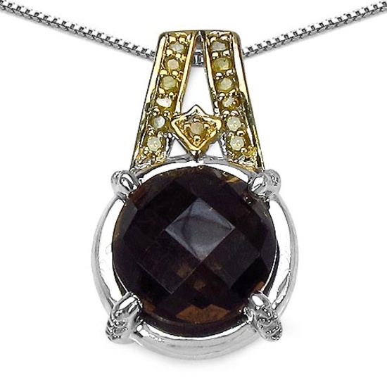 3.16 CTW Genuine Smoky Quartz Yellow Diamond & White Diamond .925 Sterling Silver Pendant