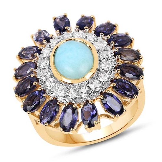14K Yellow Gold Plated 6.48 CTW Genuine Larimar Iolite and White Topaz .925 Sterling Silver Ring