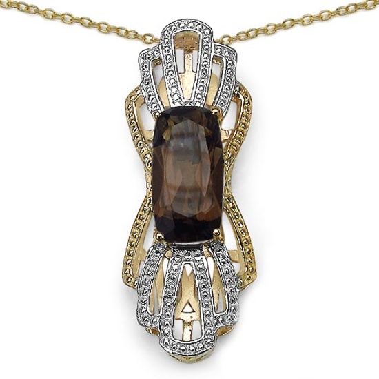 14K Yellow Gold Plated 3.73 CTW Genuine Smoky Quartz & White Diamond .925 Sterling Silver Pendant