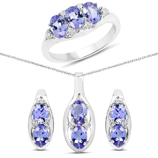 3.12 CTW Genuine Tanzanite and White Topaz .925 Sterling Silver Ring Pendant and Earrings Set