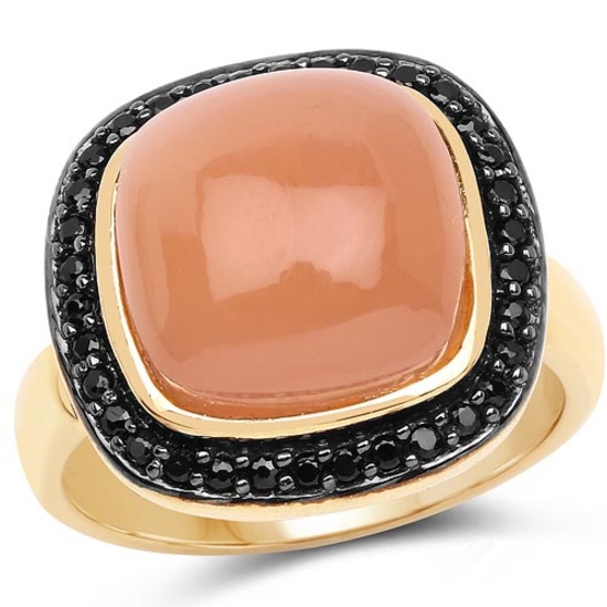 14K Yellow Gold Plated 7.50 ct. t.w. Peach Moonstone and Black Spinel Ring in Sterling Silver