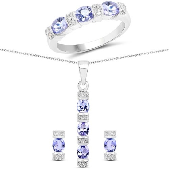 2.82 CTW Genuine Tanzanite and White Topaz .925 Sterling Silver Jewelry Set