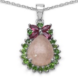 4.08 CTW Genuine Morganite Rhodolite & Chrome Diopside .925 Streling Silver Pendant
