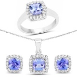 4.02 CTW Genuine Tanzanite and White Topaz .925 Sterling Silver Ring Pendant and Earrings Set