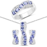 2.81 CTW Genuine Tanzanite and White Topaz .925 Sterling Silver 3 Piece Jewelry Set (Ring Earrings a