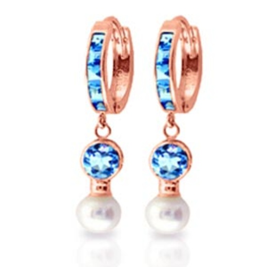 4.3 Carat 14K Solid Rose Gold Huggie Earrings pearl Blue Topaz