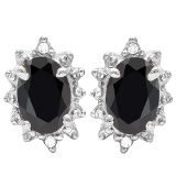 1.20 CT BLACK SAPPHIRE AND ACCENT DIAMOND 10KT SOLID WHITE GOLD EARRING