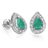 0.55 CT EMERALD AND ACCENT DIAMOND 10KT SOLID WHITE GOLD EARRING