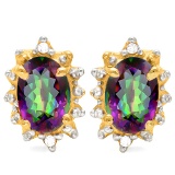 0.80 CT RAINBOW MYSTIC QUARTZ AND ACCENT DIAMOND 10KT SOLID YELLOW GOLD EARRING