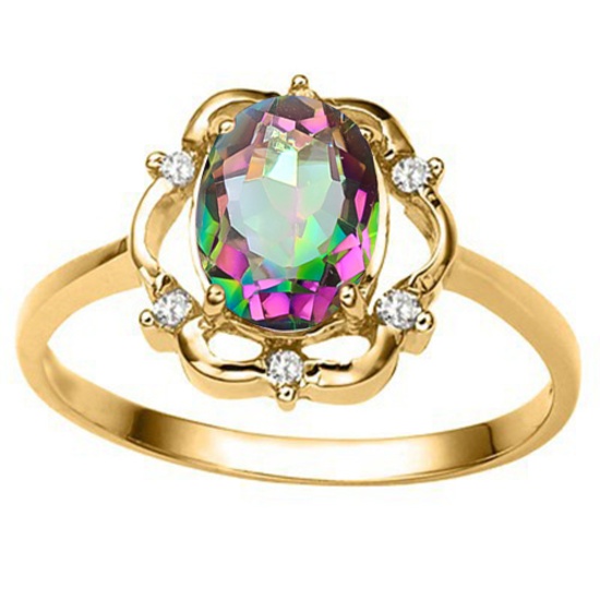 0.96 CT RAINBOW MYSTIC QUARTZ AND ACCENT DIAMOND 0.02 CT 10KT SOLID YELLOW GOLD RING