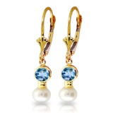 5.2 Carat 14K Solid Gold Leverback Earrings pearl Blue Topaz