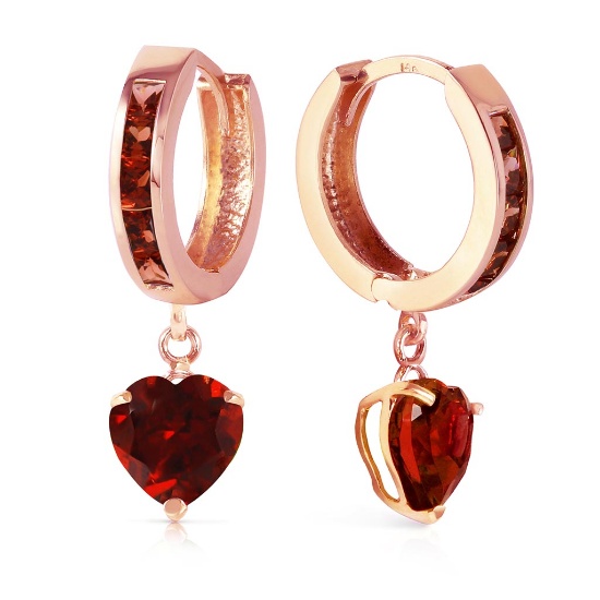 4.1 Carat 14K Solid Rose Gold Hoop Garnet Heart Drop Earrings