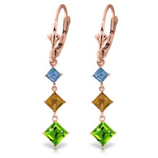 4.8 CTW 14K Solid Gold Waterdrops Blue Topaz Citrine Peridot Earrings