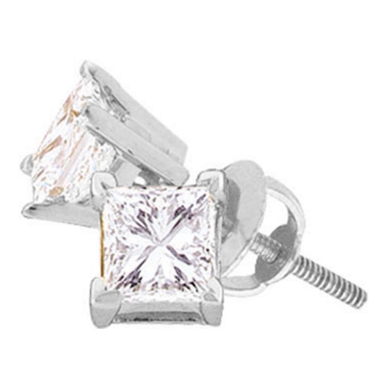 14kt White Gold Unisex Princess Diamond Solitaire Stud Earrings 3/8 Cttw