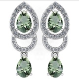 2.34 Ctw Green Amethyst And Diamond 14k White Gold Halo Dangling Earrings