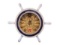 Wooden Rustic White Ship Wheel with Dark Blue Knot Faced Clock 12in.