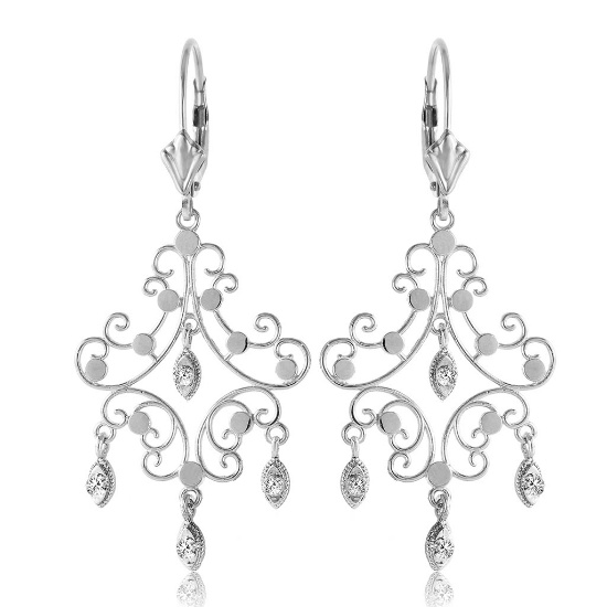 0.04 CTW 14K Solid White Gold Chandelier Diamond Earrings