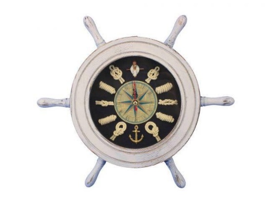 Wooden Whitewashed Ship Wheel with Dark Blue Knot Face Clock 12in.