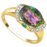 2.26 CT GREEN MYSTICS QUARTZ 0.1 CT EMERALD AND ACCENT DIAMOND 0.09 CT 10KT SOLID YELLOW GOLD RING