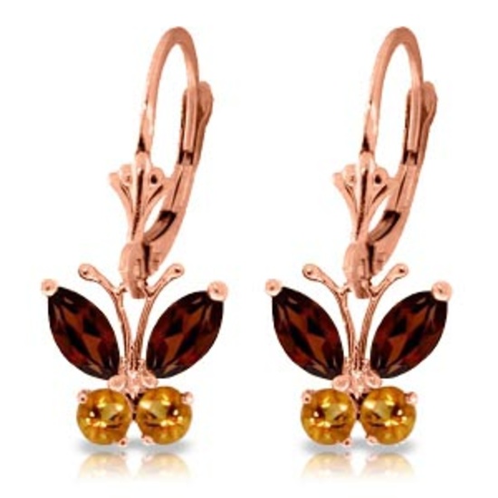 1.24 CTW 14K Solid Rose Gold Butterfly Earrings Garnet Citrine