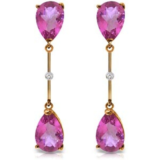 14K Solid Rose Gold Diamonds & Pink Topaz Dangling Earrings