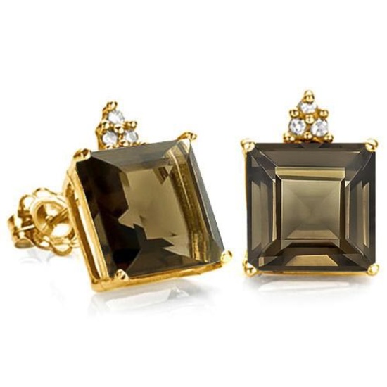 2.1 CARAT SMOKEY 10K SOLID YELLOW GOLD SQUARE SHAPE EARRING WITH 0.03 CTW DIAMOND