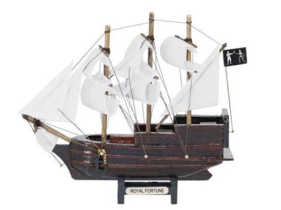 Wooden Black Barts Royal Fortune White Sails Model Pirate Ship 7in.