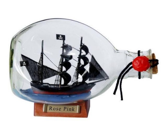 Ed Lows Rose Pink Pirate Ship in a Glass Bottle 7in.