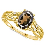 0.72 CARAT SMOKEY QUARTZ & 0.04 CTW DIAMOND 14KT SOLID YELLOW GOLD RING