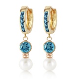4.3 Carat 14K Solid Gold Huggie Earrings pearl Blue Topaz