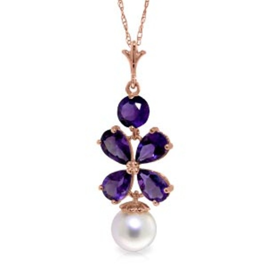 14K Solid Rose Gold Necklace with Purple Amethyst & pearl