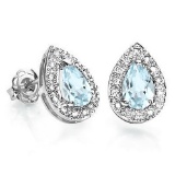 0.37 CT AQUAMARINE AND ACCENT DIAMOND 10KT SOLID WHITE GOLD EARRING