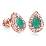 0.55 CT EMERALD AND ACCENT DIAMOND 10KT SOLID ROSE GOLD EARRING