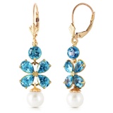 6.28 Carat 14K Solid Gold Chandelier Earrings Blue Topaz pearl