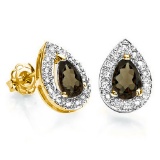 0.66 CT SMOKEY AND ACCENT DIAMOND 10KT SOLID YELLOW GOLD EARRING