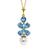 3.65 Carat 14K Soild Gold Seafoam Blue Topaz pearl Necklace