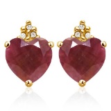 1.95 CARAT RUBY 10K SOLID YELLOW GOLD HEART SHAPE EARRING WITH 0.03 CTW DIAMOND