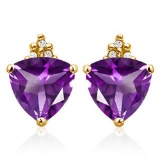 2.0 CARAT CREATED AMETHYST 10K SOLID YELLOW GOLD TRILLION SHAPE EARRING WITH 0.03 CTW DIAMOND