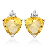 1.4 CARAT CITRINE 10K SOLID WHITE GOLD TRILLION SHAPE EARRING WITH 0.03 CTW DIAMOND
